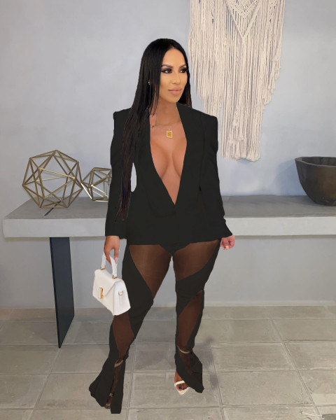 Fashion solid color suit mesh splicing two-piece set