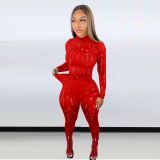 Women's elastic tattered high collar long sleeve top and small pants suit LD82014