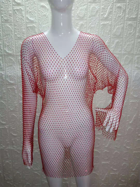Long sleeve mesh sparkle V-neck dress