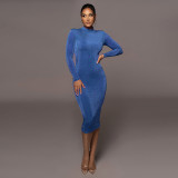 Fashion temperament solid color slim fitting high collar long sleeve dress