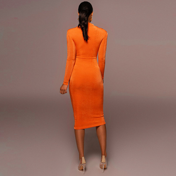 Fashion temperament solid color slim fitting high collar long sleeve dress