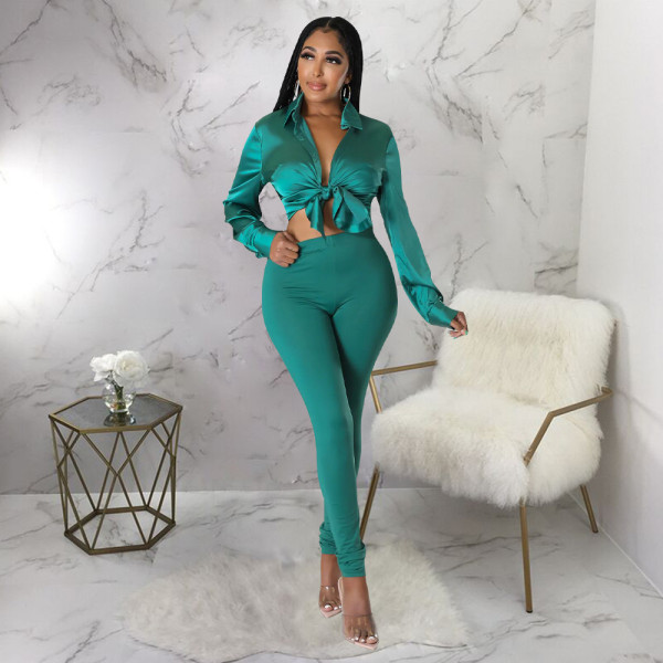 Silk like shirt pencil pants suit