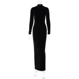 Fashion solid color slim back zipper high neck long sleeve dress