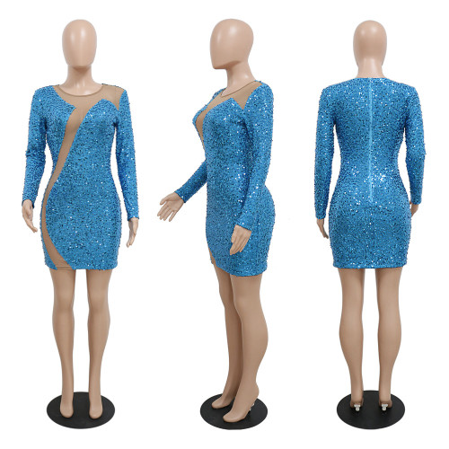 Sexy Perspective Hot Drill Dress Long Sleeve Dress