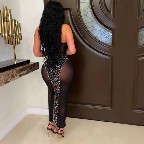 Sexy strapless perspective beaded dress