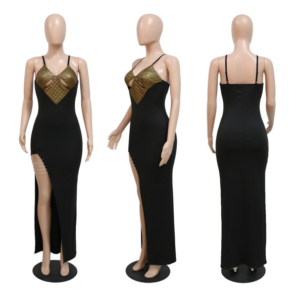 Sexy suspenders, high split suspenders, dresses, women's bright gold cloth, straight tribute cloth