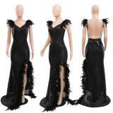 Sexy Feather Strap High Split Sequins Backless Dress V-Neck Party Club Style