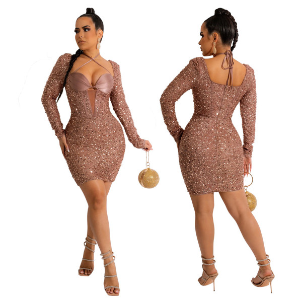 Lace up sequin sexy hip bag long sleeve party dress with breast cotton