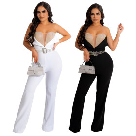 Spaghetti hot drill perspective V-neck one-piece pants for women loose fit