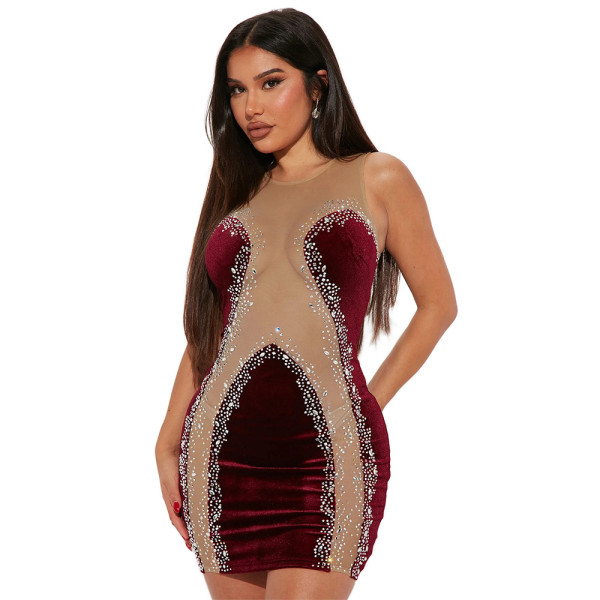 Perspective Sexy Round Neck Sling Hot Drill Dress Nightclub Style Hip Wrap Skirt