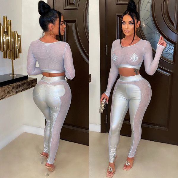 Fashion round neck long sleeve short top with slim pencil pants Perspective two-piece set
