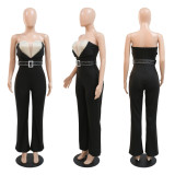 Spaghetti hot drill perspective V-neck one-piece pants for women loose fit