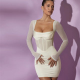 Skinny dress pure sexy fishbone mesh square neck dress