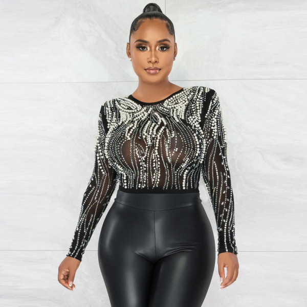 Fashion sexy casual slim high neck perspective hot drilling jumpsuit