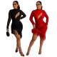 Fashionable sequin party dress with irregular fringed skirt hem