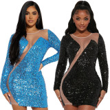 Sexy Perspective Hot Drill Dress Long Sleeve Dress