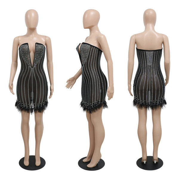 Fashion Women's Sleeveless Chest Wrapping Hot Drill Feather Dress