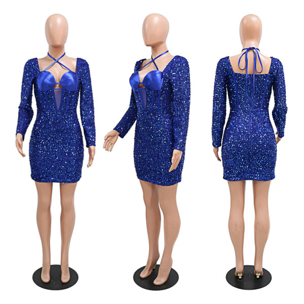 Lace up sequin sexy hip bag long sleeve party dress with breast cotton