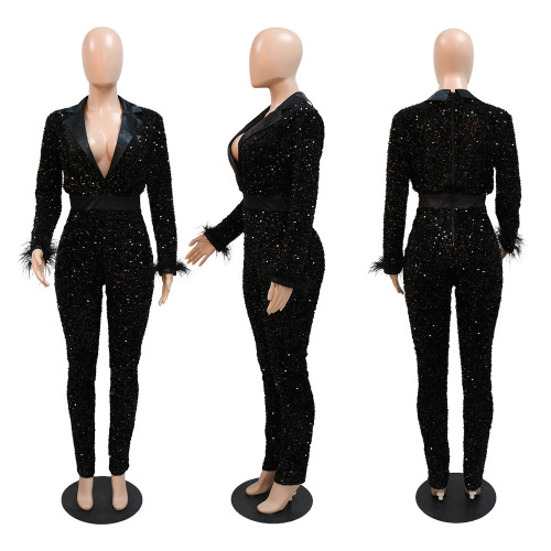 Velvet beads sexy deep V slim long sleeve jumpsuit nightclub party style