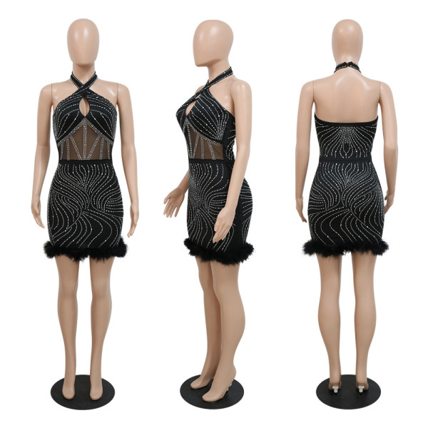 Sexy halter backless hot drill dress fashionable feather skirt hem