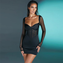 Skinny dress pure sexy fishbone mesh square neck dress