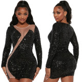Sexy Perspective Hot Drill Dress Long Sleeve Dress