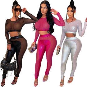 Fashion round neck long sleeve short top with slim pencil pants Perspective two-piece set