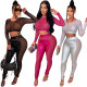 Fashion round neck long sleeve short top with slim pencil pants Perspective two-piece set