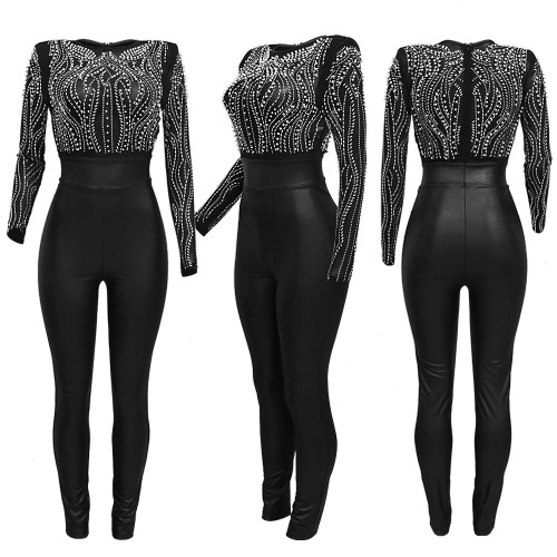 Fashion sexy casual slim high neck perspective hot drilling jumpsuit