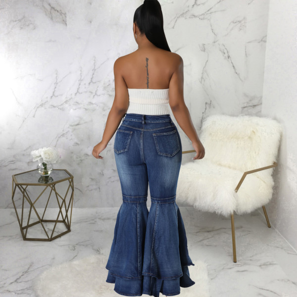 Fashion Versatile Wide Leg Washed Denim Elastic Flare Pants