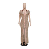 Square neck dress sequin button fashion short sleeve split