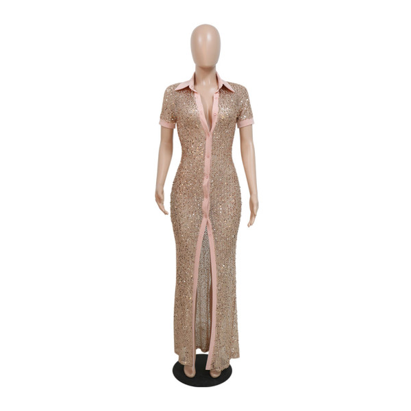 Square neck dress sequin button fashion short sleeve split