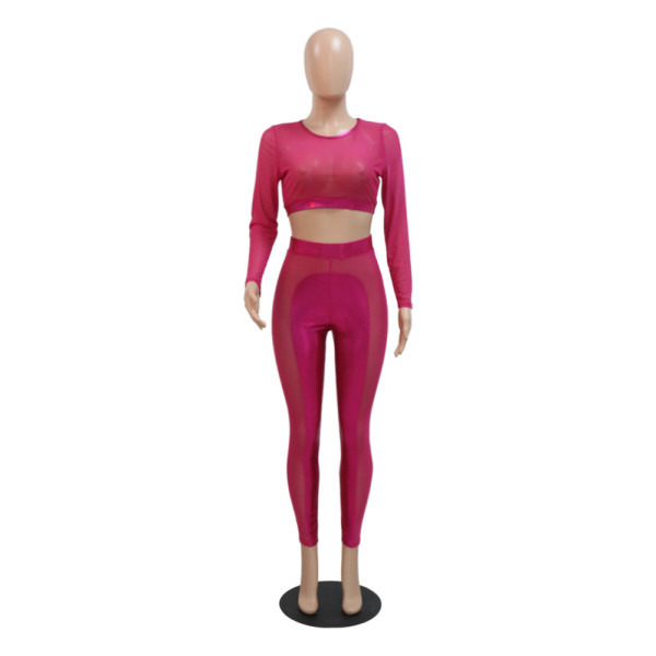 Fashion round neck long sleeve short top with slim pencil pants Perspective two-piece set
