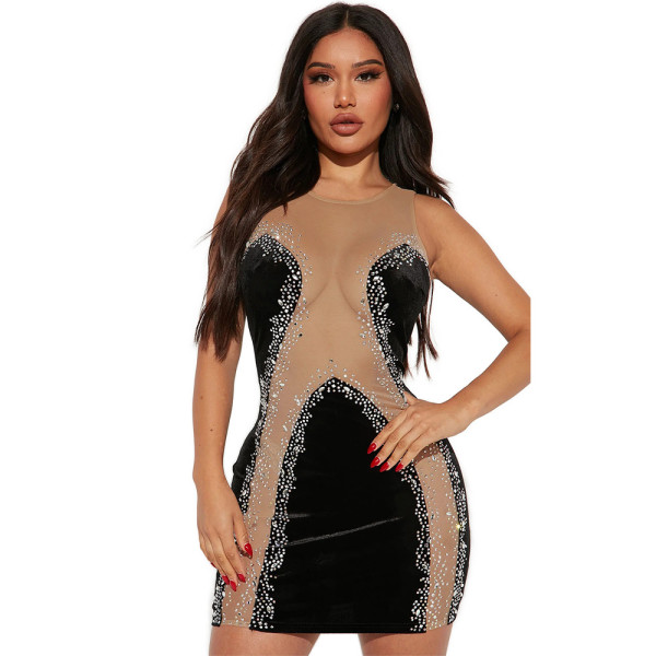 Perspective Sexy Round Neck Sling Hot Drill Dress Nightclub Style Hip Wrap Skirt