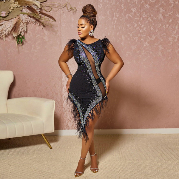 Women's Perspective Slim Fit Scalded Pearl Feather Dress