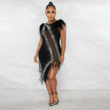Women's Perspective Slim Fit Scalded Pearl Feather Dress