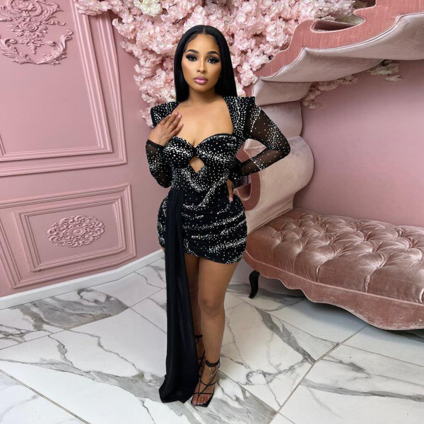 Sexy Wrap Chest Hollow out Perspective Slim Fit Hot Drill Dress Nightclub