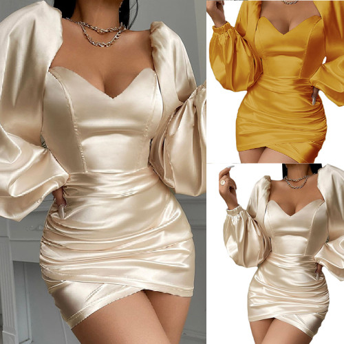 Fashion personality long sleeve sexy tight mini hip wrap dress