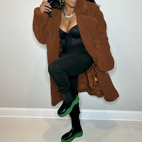 Women's solid color fashion temperament lapel long sleeve casual trench coat