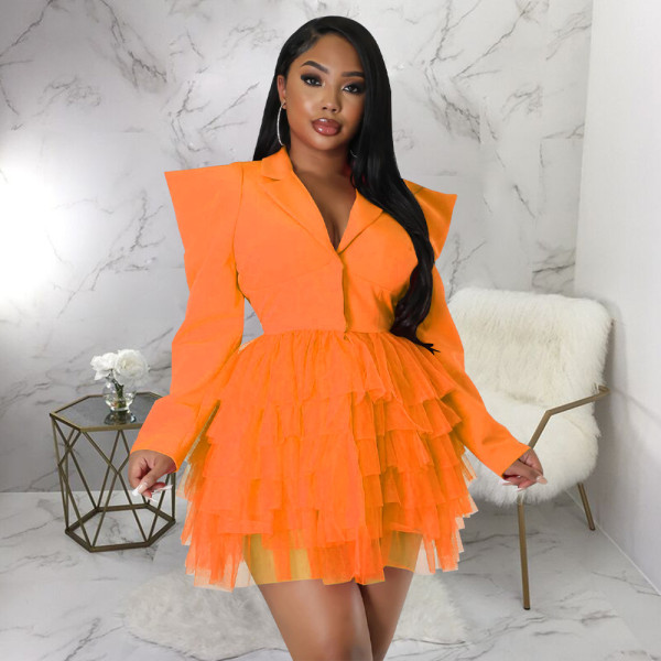 Mesh Splice V-Neck Right Shoulder Dress Skirt