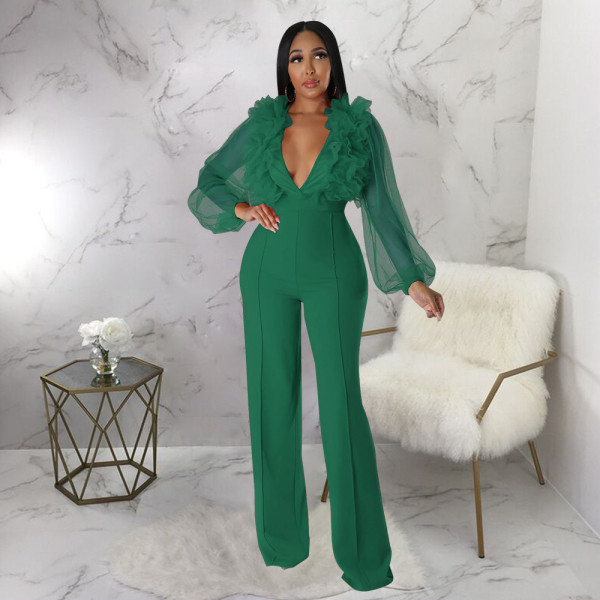 Mesh lantern sleeve V-neck open back jumpsuit