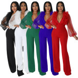 Mesh lantern sleeve V-neck open back jumpsuit