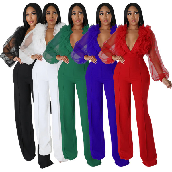 Mesh lantern sleeve V-neck open back jumpsuit