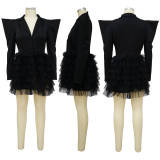 Mesh Splice V-Neck Right Shoulder Dress Skirt