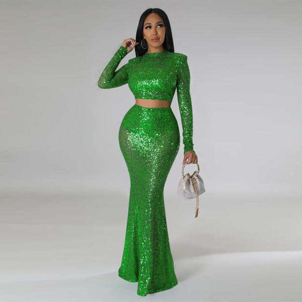 Open waist fishtail skirt suit sequins two-piece set