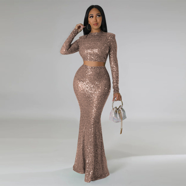 Open waist fishtail skirt suit sequins two-piece set