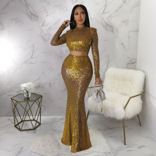 Open waist fishtail skirt suit sequins two-piece set