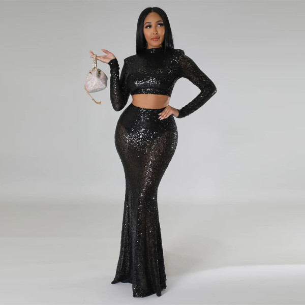 Open waist fishtail skirt suit sequins two-piece set