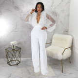 Mesh lantern sleeve V-neck open back jumpsuit