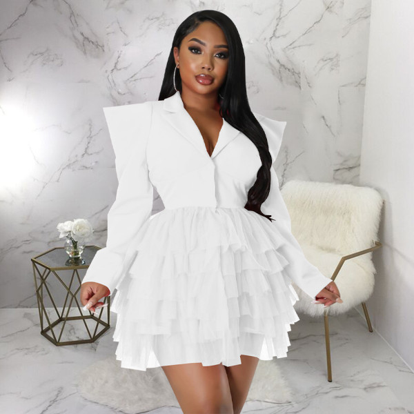 Mesh Splice V-Neck Right Shoulder Dress Skirt